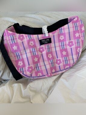 Sandy Liang x Baggu Pink Floral Market Plaid Medium Crescent Crossbody Bag